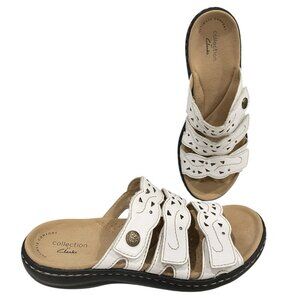 Clarks Comfort Slip On Sandals Womens 6.5 Leisa Shoe White Strappy Beach Coastal